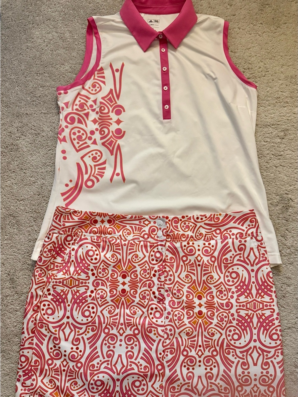 Adidas Women’s Pink & White Printed Golf shirt and skort